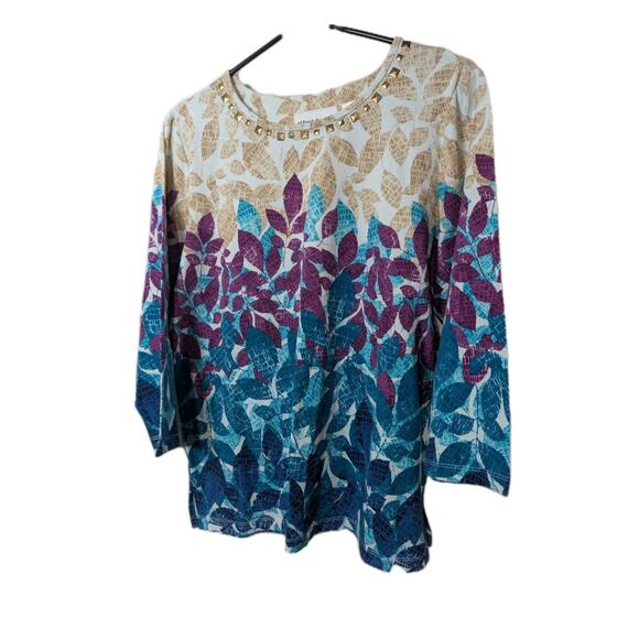 Alfred Dunner Shirt Womens Size Small Blue Teal Purple Leaf Print 3/4 Sleeve Top - Picture 1 of 15